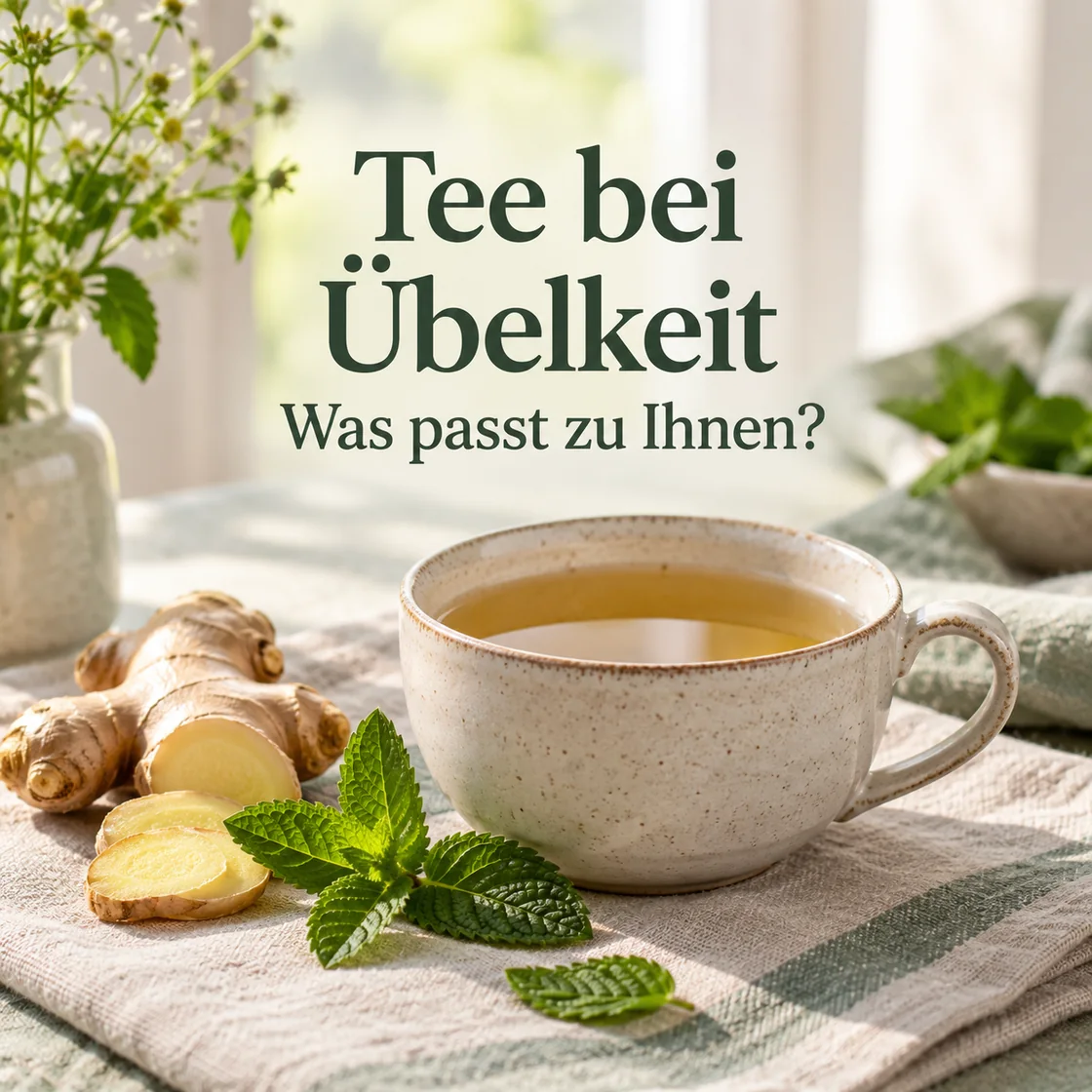 tee gegen übelkeit – Tasse und Kräuter mit Hinweis zur passenden Auswahl