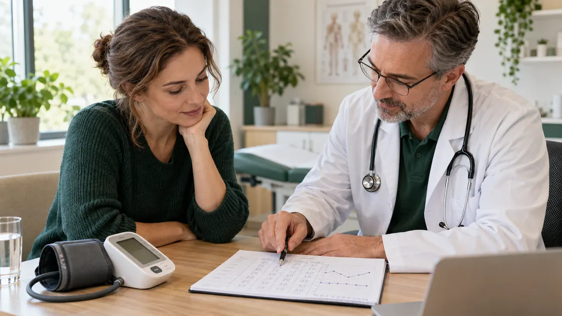 Tiefer Blutdruck – Arzt und Patientin besprechen Messwerte und Beschwerden aus einem Sieben-Tage-Protokoll.