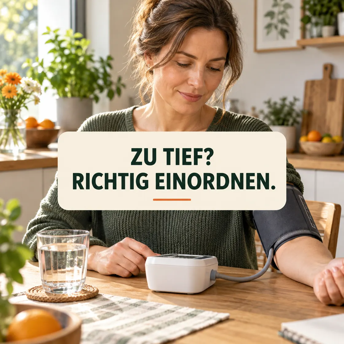 Tiefer Blutdruck – erwachsene Frau misst zu Hause sicher am Oberarm, mit zentraler Einordnungsfrage.