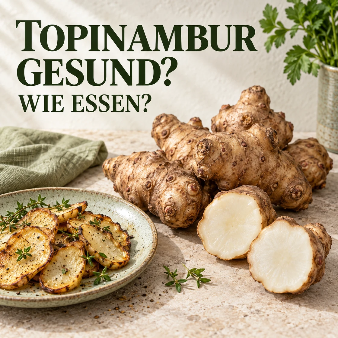 topinambur gesund: Knollen und geröstete Scheiben mit dem Schriftzug WIE ESSEN?