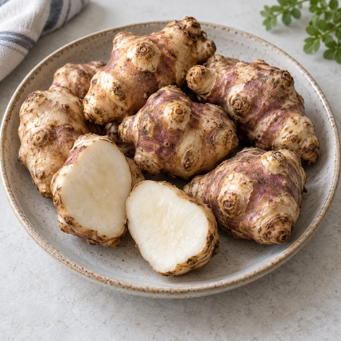 topinambur gesund: beige und violettbraune Knollen mit hellen Schnittflächen