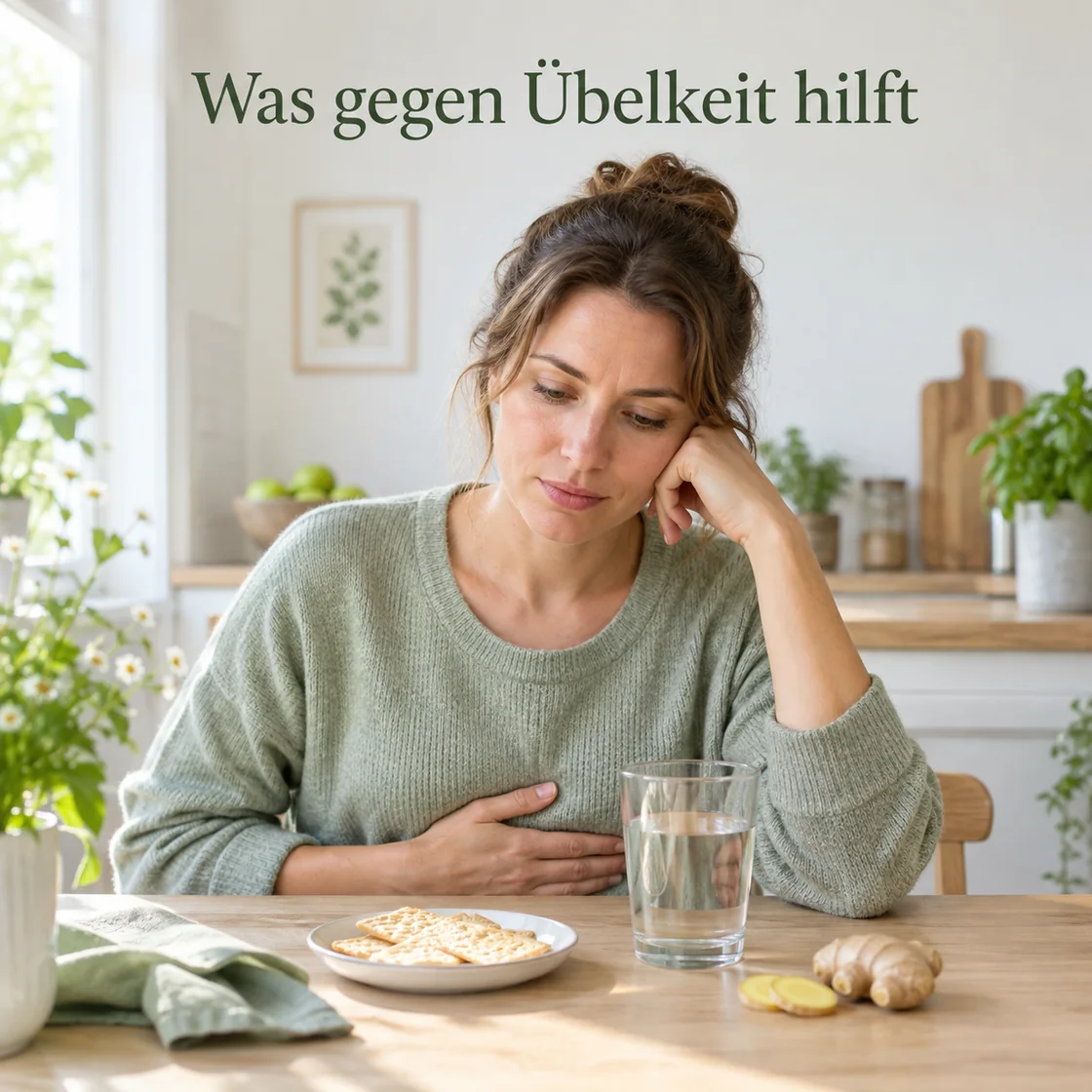 übelkeit hausmittel – Frau mit leichtem Unwohlsein am Tisch mit Wasser und Ingwer