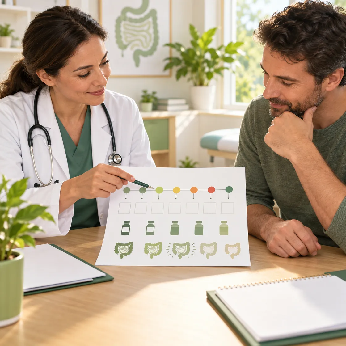 Undichter Darm – Arzt und Patient bereiten Beschwerden, Medikamente und Testfragen für den Termin vor.