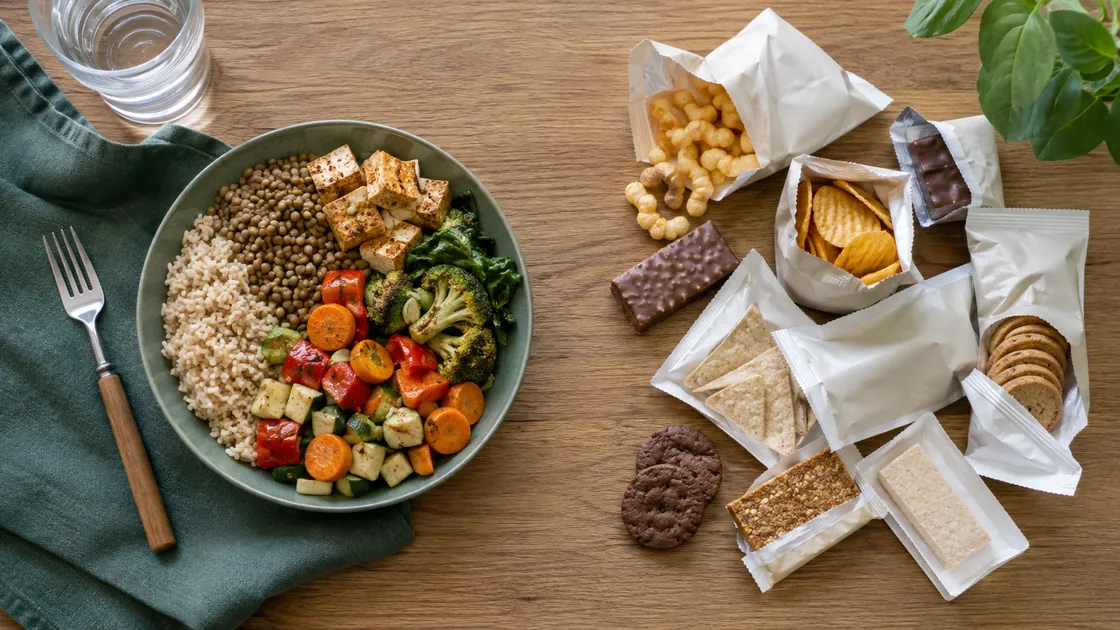 Vegan abnehmen – vollwertige Bowl im Vergleich zu stark verarbeiteten veganen Snacks.