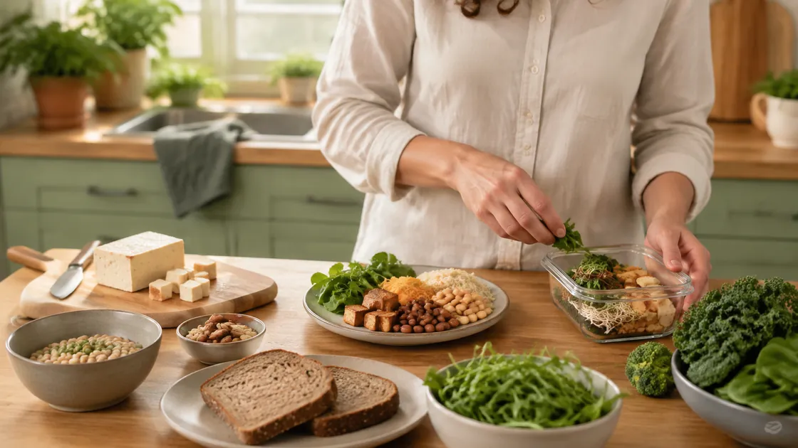 Vegan abnehmen – Tofu, Bohnen, Vollkorn und Gemüse werden für mehrere Mahlzeiten vorbereitet.