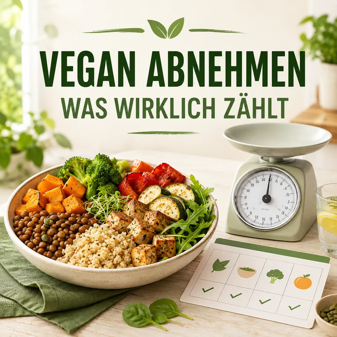 Vegan abnehmen – ausgewogene pflanzliche Mahlzeit mit Küchenwaage und Planer.