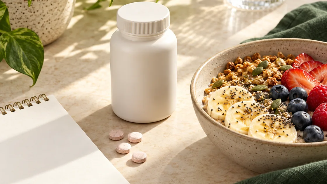vegane ernährung gesund – neutrales Vitamin-B12-Präparat neben pflanzlichem Frühstück