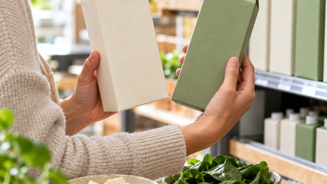 vegane ernährung gesund – zwei unbeschriftete Pflanzendrink-Packungen beim Einkauf vergleichen