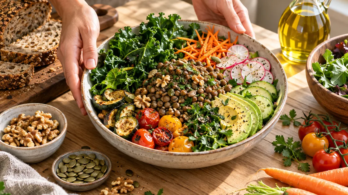 vegane ernährung gesund – frisch zubereitete Mahlzeit aus Linsen, Gemüse, Nüssen und Vollkornbrot