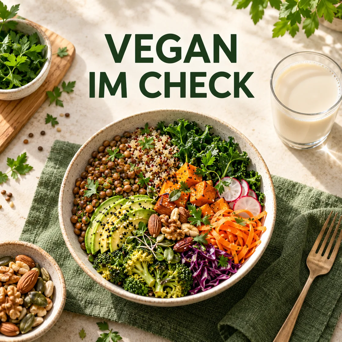 vegane ernährung gesund – bunte pflanzliche Mahlzeit mit dem Schriftzug Vegan im Check
