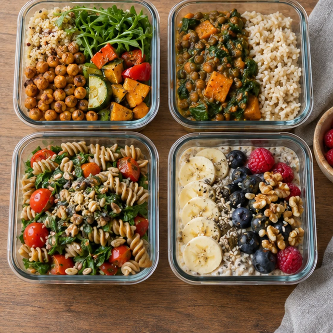 Vegane Ernährungspyramide – vorbereitete Mahlzeiten mit verschiedenen Lebensmittelgruppen
