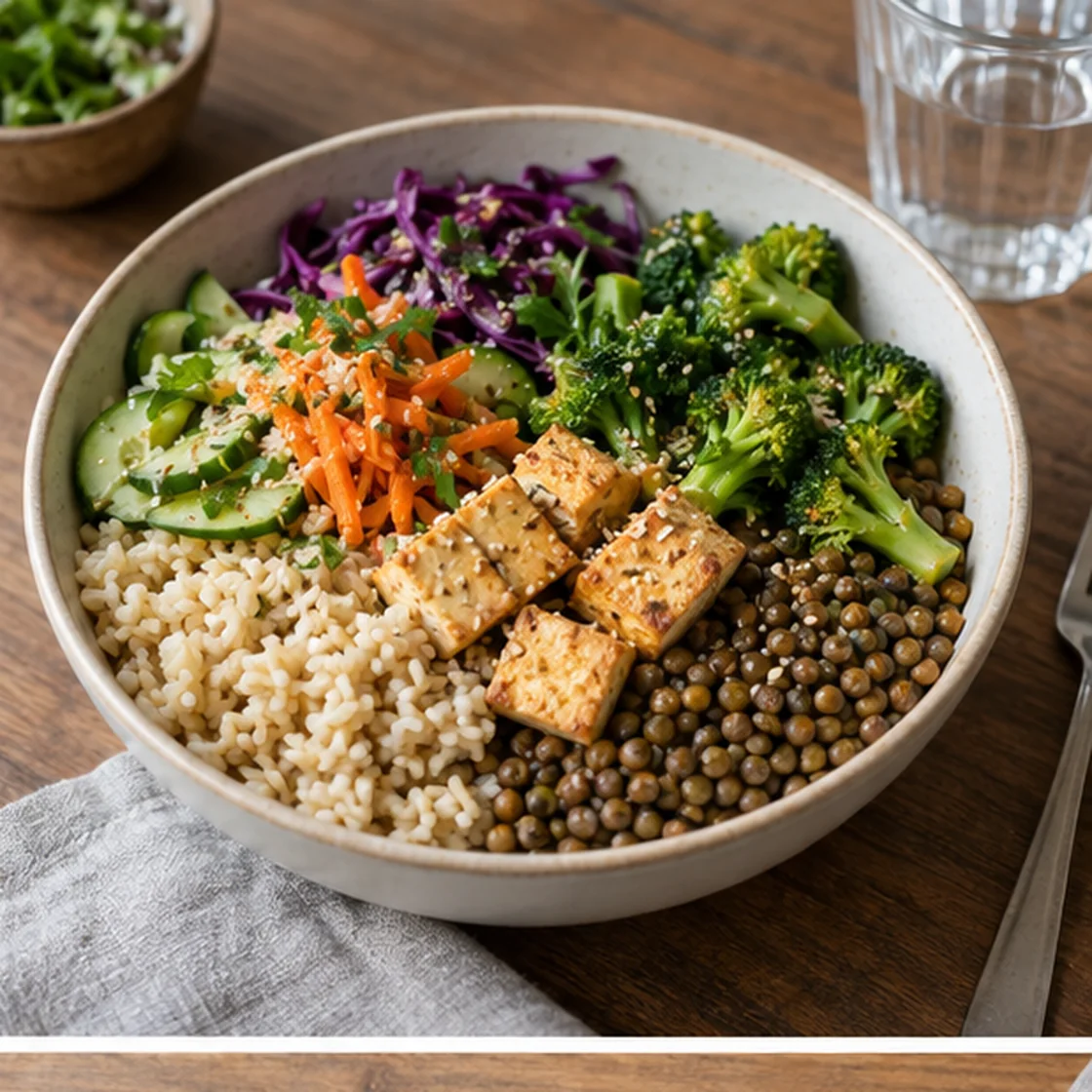 Vegane Ernährungspyramide – Bowl mit Linsen, Tofu, Vollkornreis und Gemüse