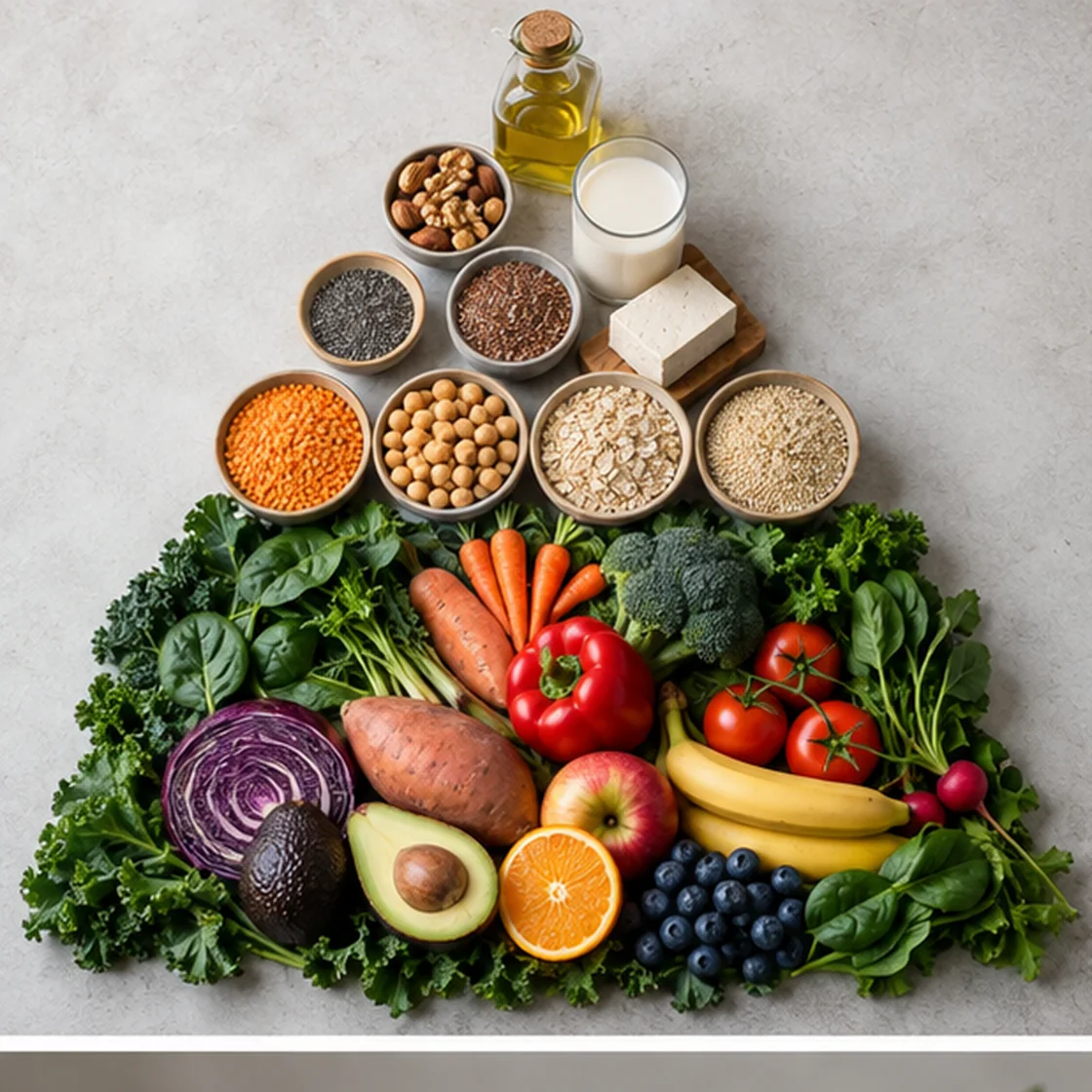 Vegane Ernährungspyramide – Gemüse, Obst, Vollkorn, Hülsenfrüchte, Tofu, Nüsse und Öl