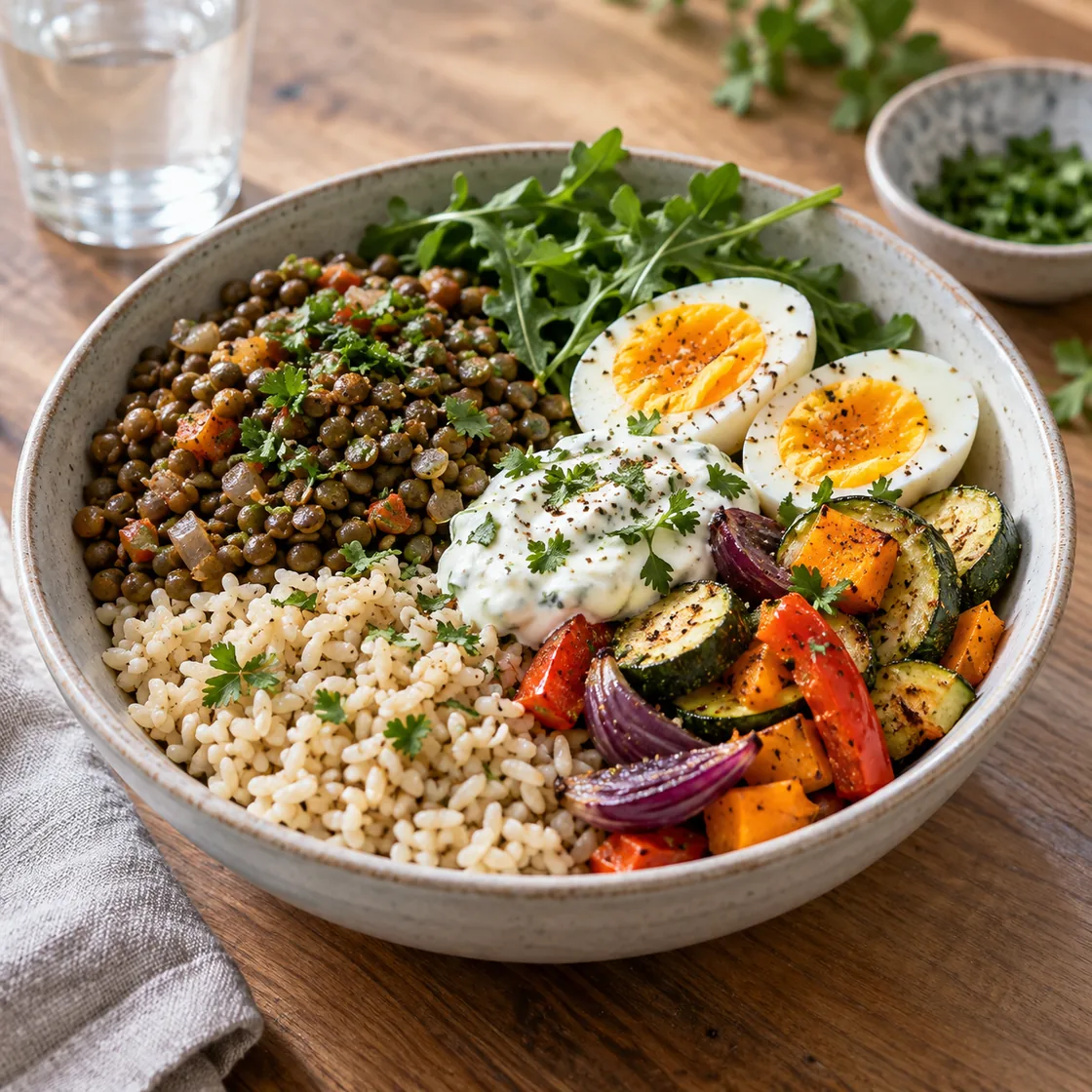vegetarische ernährung – Linsen, Reis, Gemüse und Ei als Mahlzeit