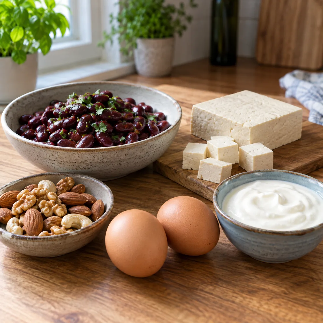 vegetarische ernährung – Bohnen, Tofu, Nüsse, Eier und Joghurt