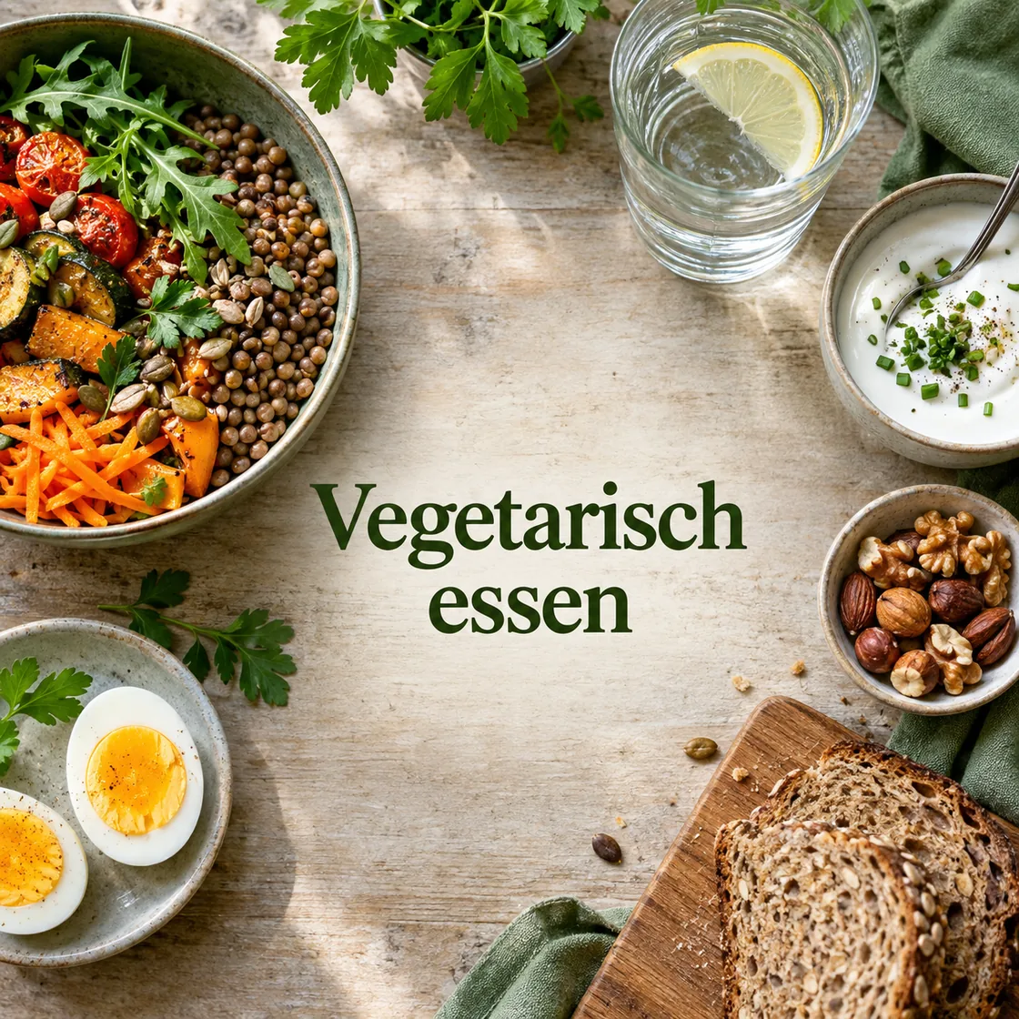 vegetarische ernährung – Linsen, Ei, Joghurt und Vollkorn mit Titel Vegetarisch essen