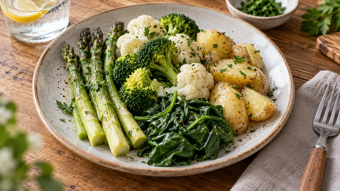 Gemüse bei Gicht: Teller mit Spargel, Brokkoli, Blumenkohl und Kartoffeln