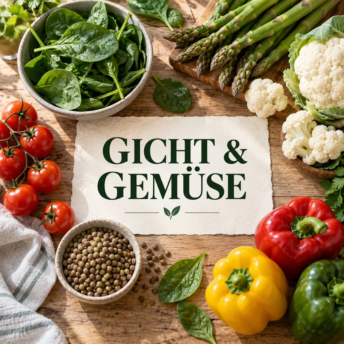 Gemüse bei Gicht: Auswahl frischer Sorten mit Titel auf hellem Tisch