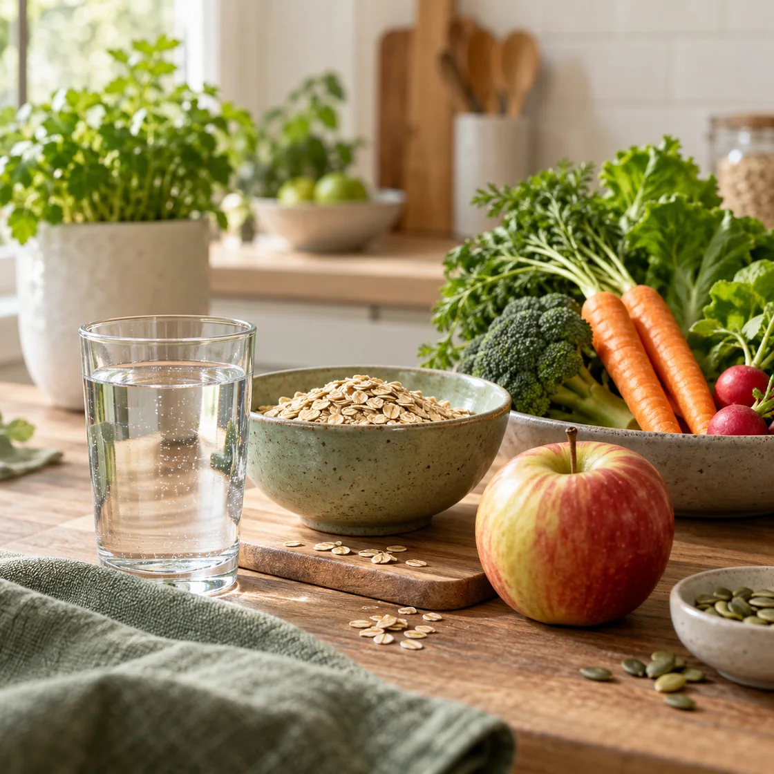 verdauung – Haferflocken, Gemüse, Apfel und Wasser