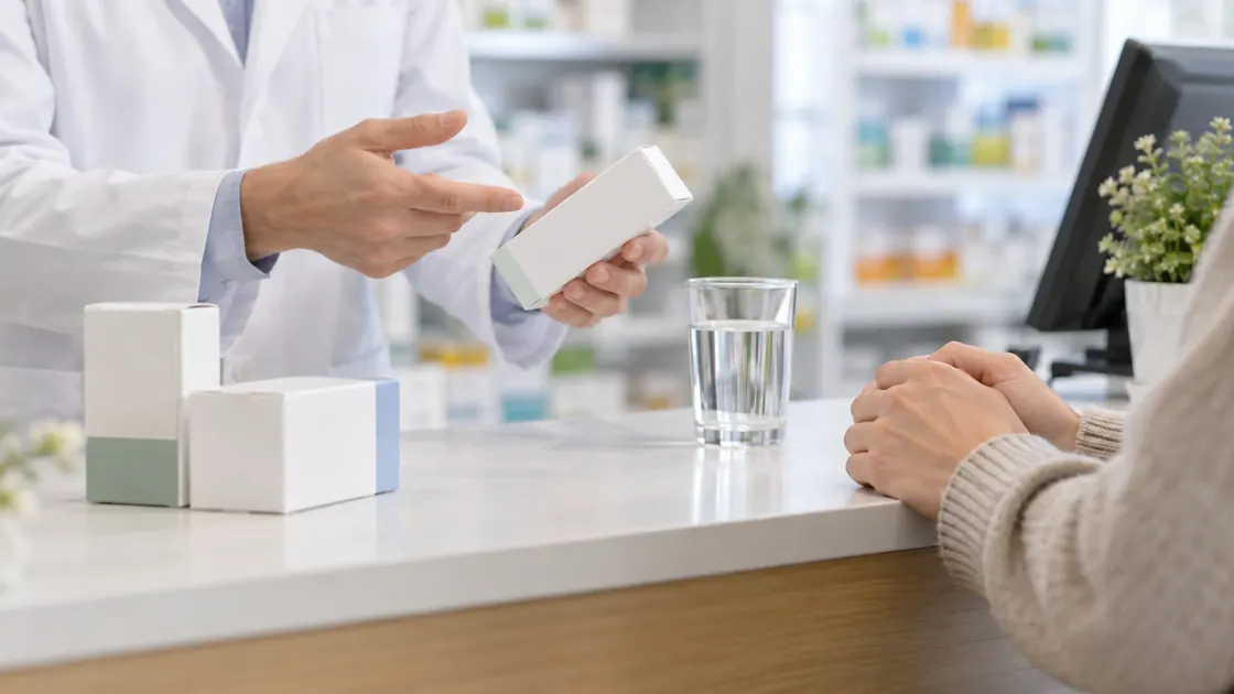 Verdauung anregen schnell – Beratung zu Abführmitteln in einer Apotheke mit neutralen Packungen.