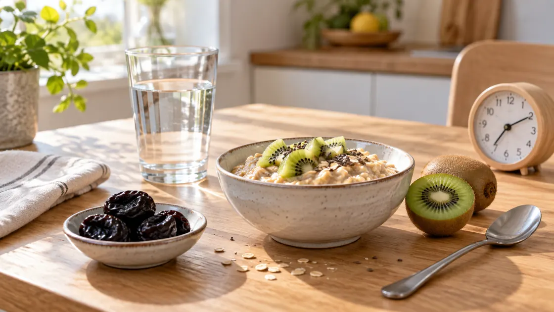 Verdauung anregen schnell – Frühstück mit Wasser, Hafer, Kiwi und Trockenpflaumen am Morgen.