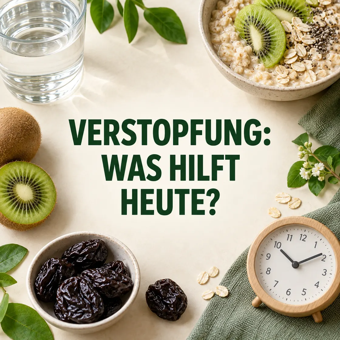 Verdauung anregen schnell – Wasser, Hafer, Kiwi, Trockenpflaumen und Uhr mit zentraler Überschrift.