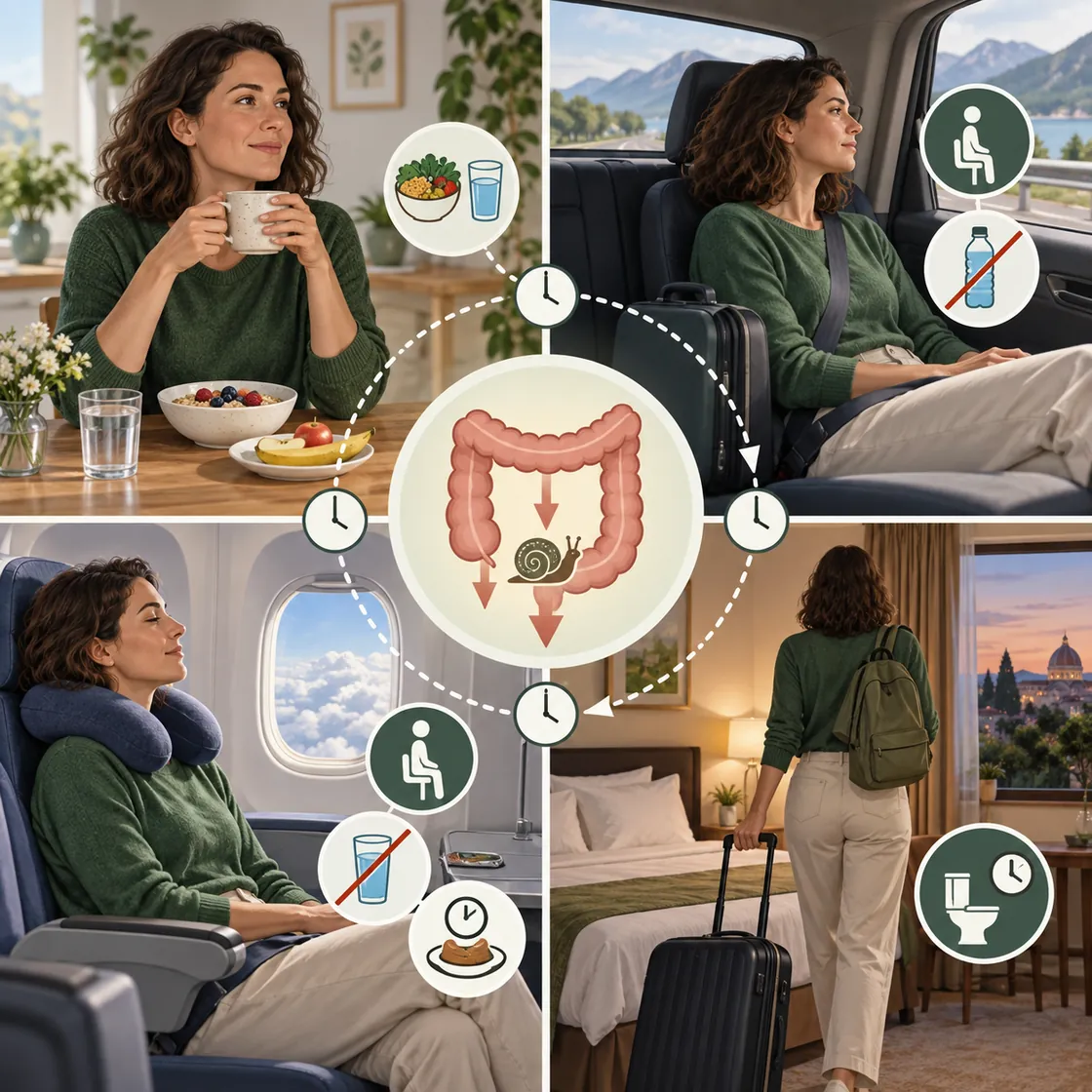 Verstopfung im Urlaub – veränderte Mahlzeiten, langes Sitzen und verschobene Toilettenzeiten auf der Reise.