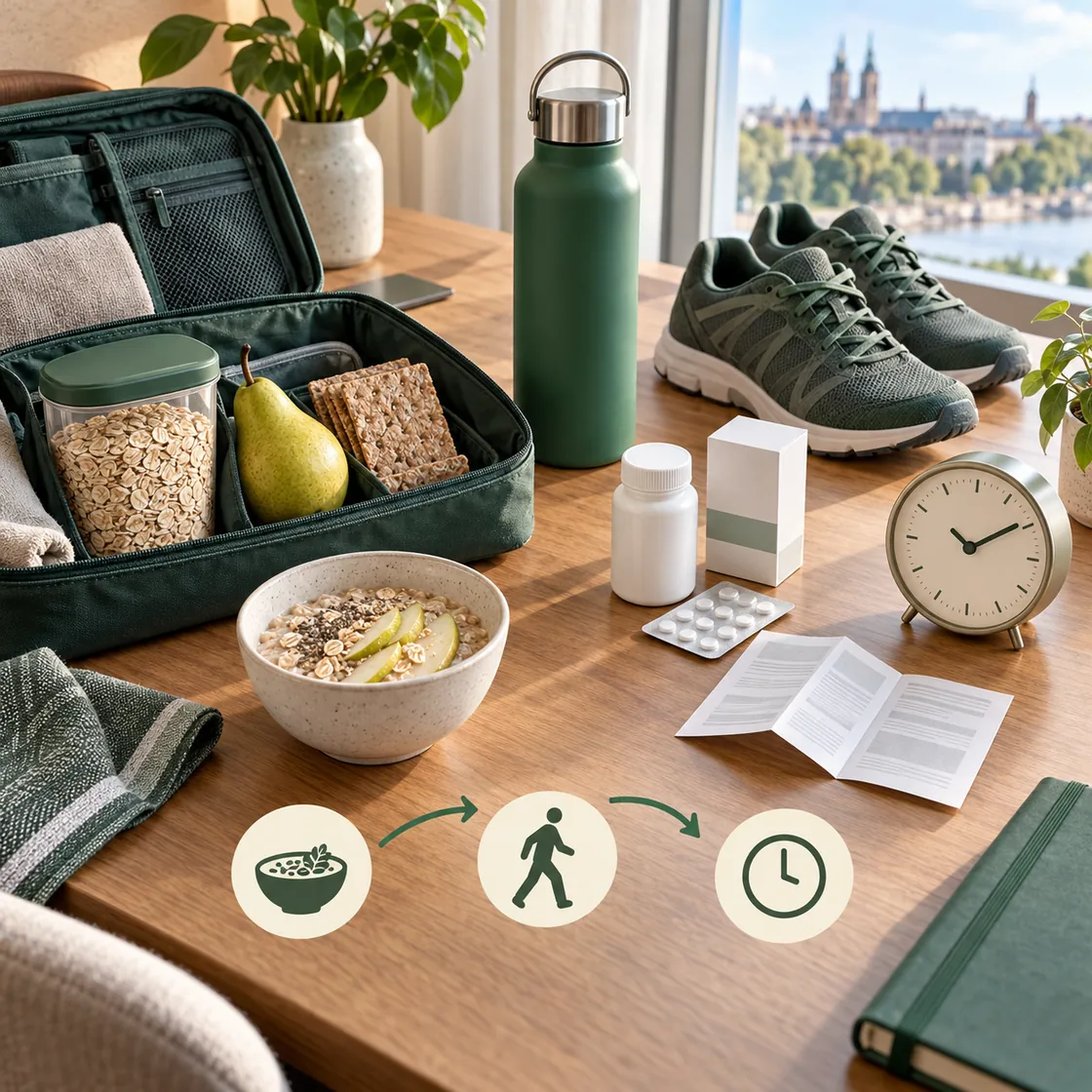 Verstopfung im Urlaub – Getränke, vertraute Ballaststoffe, Bewegung und Reiseapotheke werden vorbereitet.