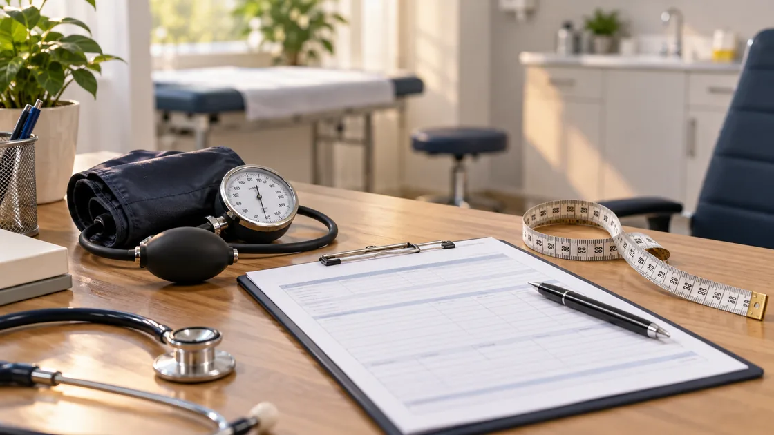 viszerales bauchfett – Blutdruckmessgerät, leeres Gesundheitsformular und Maßband