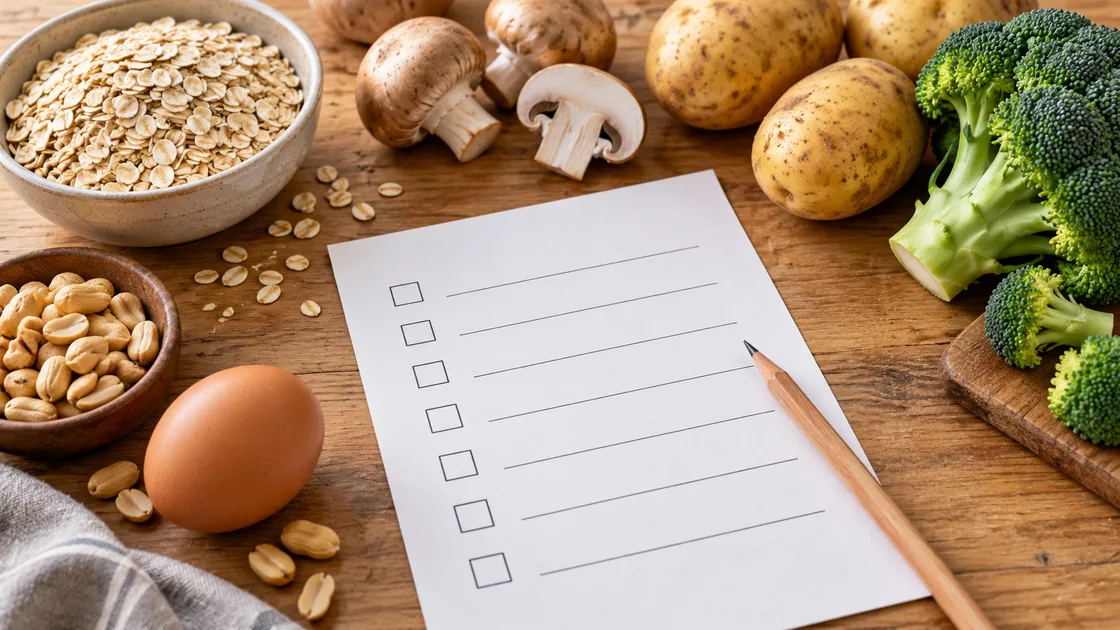 vitamin b5 lebensmittel – leere Tagescheckliste zwischen Hafer, Pilzen, Kartoffeln, Brokkoli, Ei und Erdnüssen