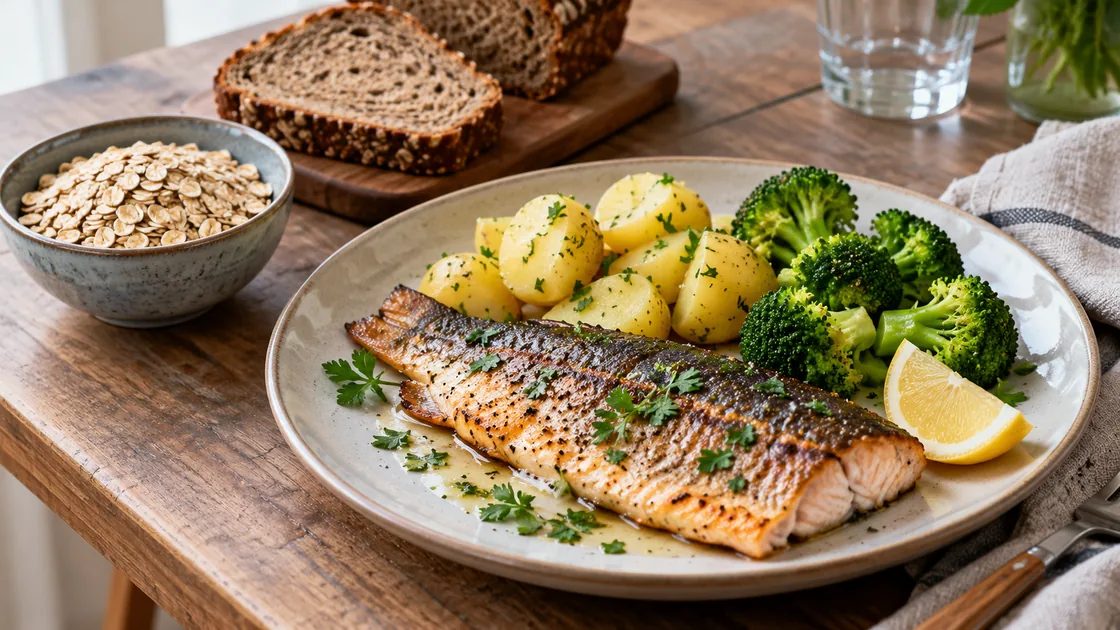 vitamin b5 lebensmittel – Forelle mit Kartoffeln, Brokkoli, Haferflocken und Vollkornbrot