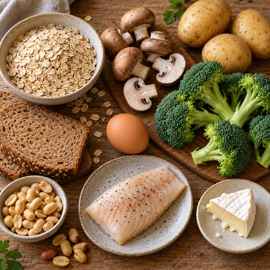 vitamin b5 lebensmittel – Haferflocken, Vollkornbrot, Pilze, Kartoffeln, Brokkoli, Ei, Fisch, Käse und Erdnüsse
