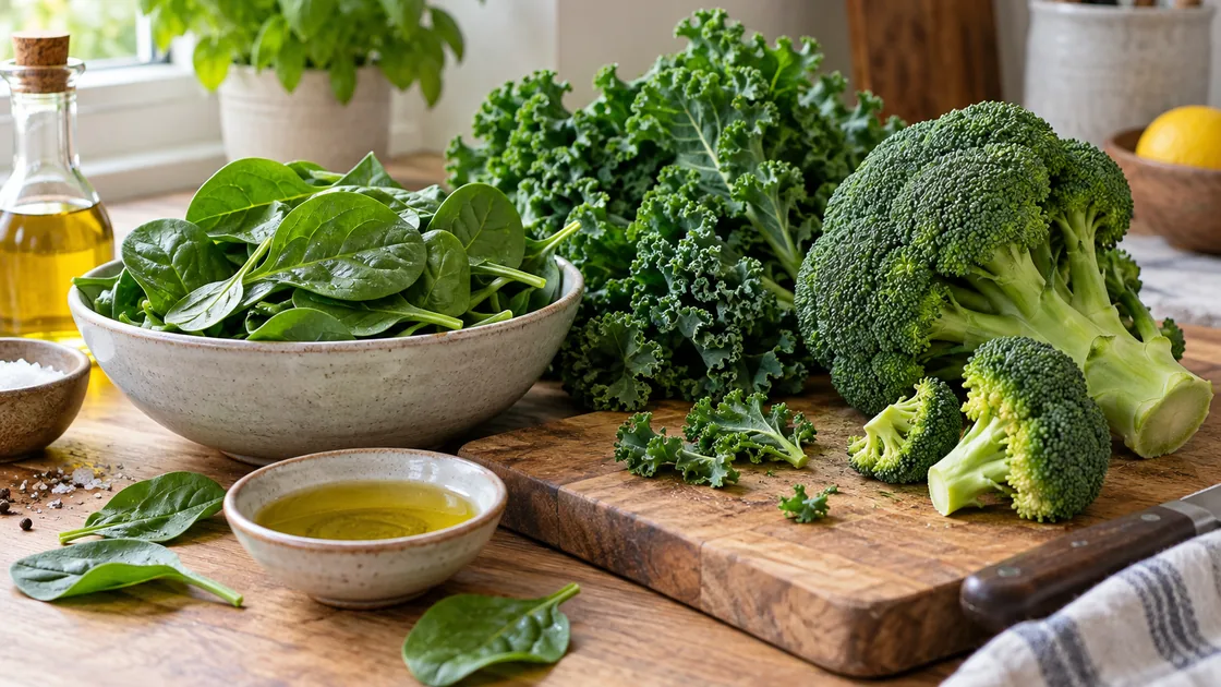 vitamin k lebensmittel – frischer Spinat, Grünkohl und Brokkoli mit Olivenöl