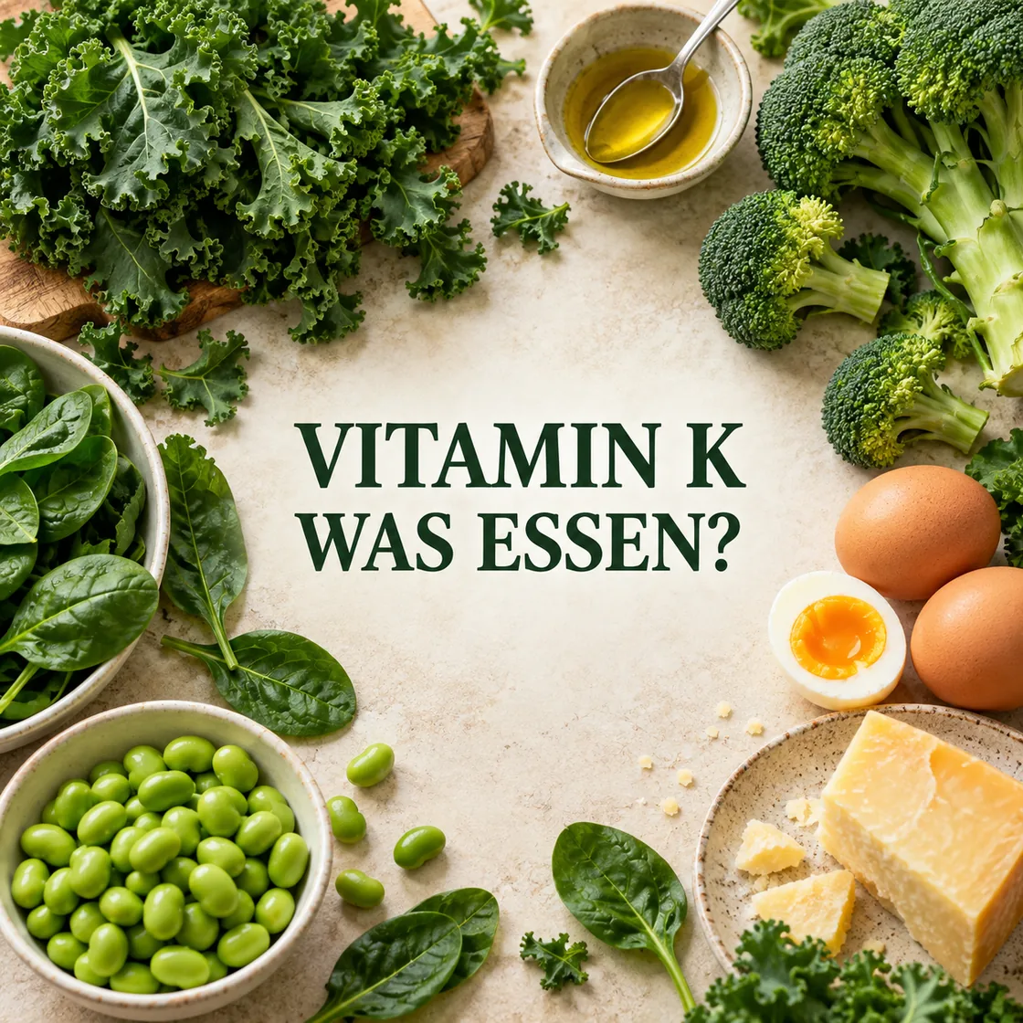 vitamin k lebensmittel – Grünkohl, Spinat, Brokkoli und Eier um gut lesbaren Titel Vitamin K Was essen