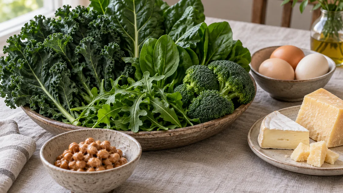 vitamin k lebensmittel – grünes Gemüse, Eier, Käse und fermentierte Sojabohnen