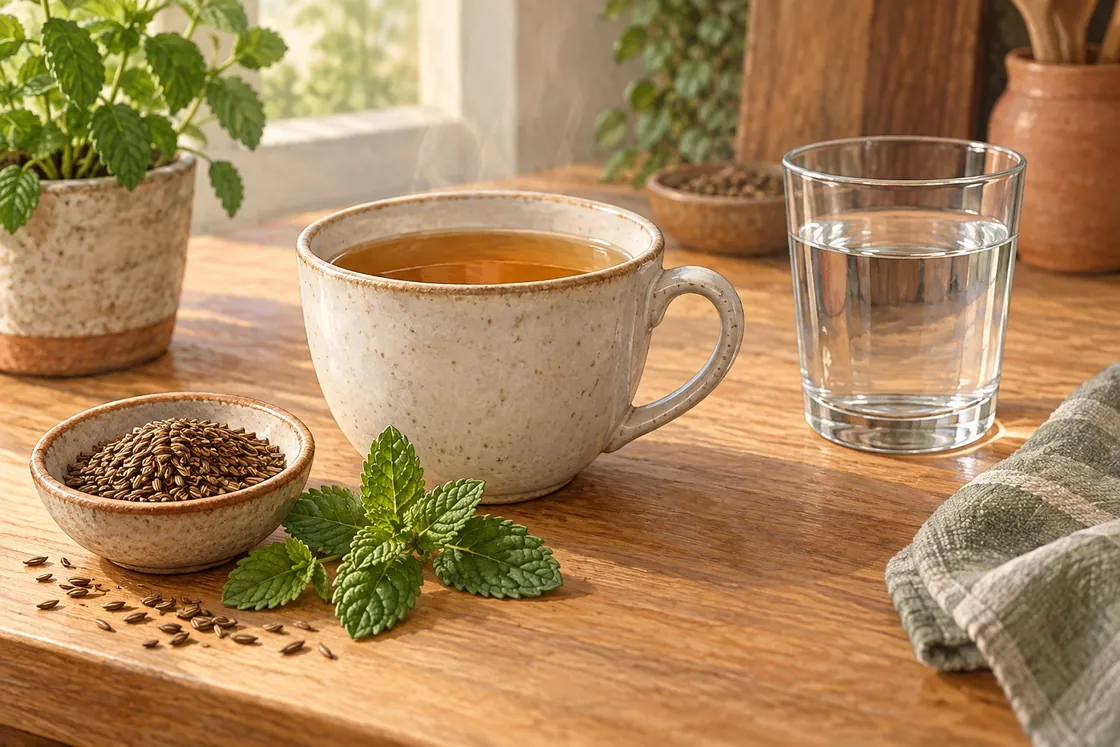 Völlegefühl Hausmittel – Kräutertee, Kümmelfrüchte und ein Glas Wasser auf einem Küchentisch.