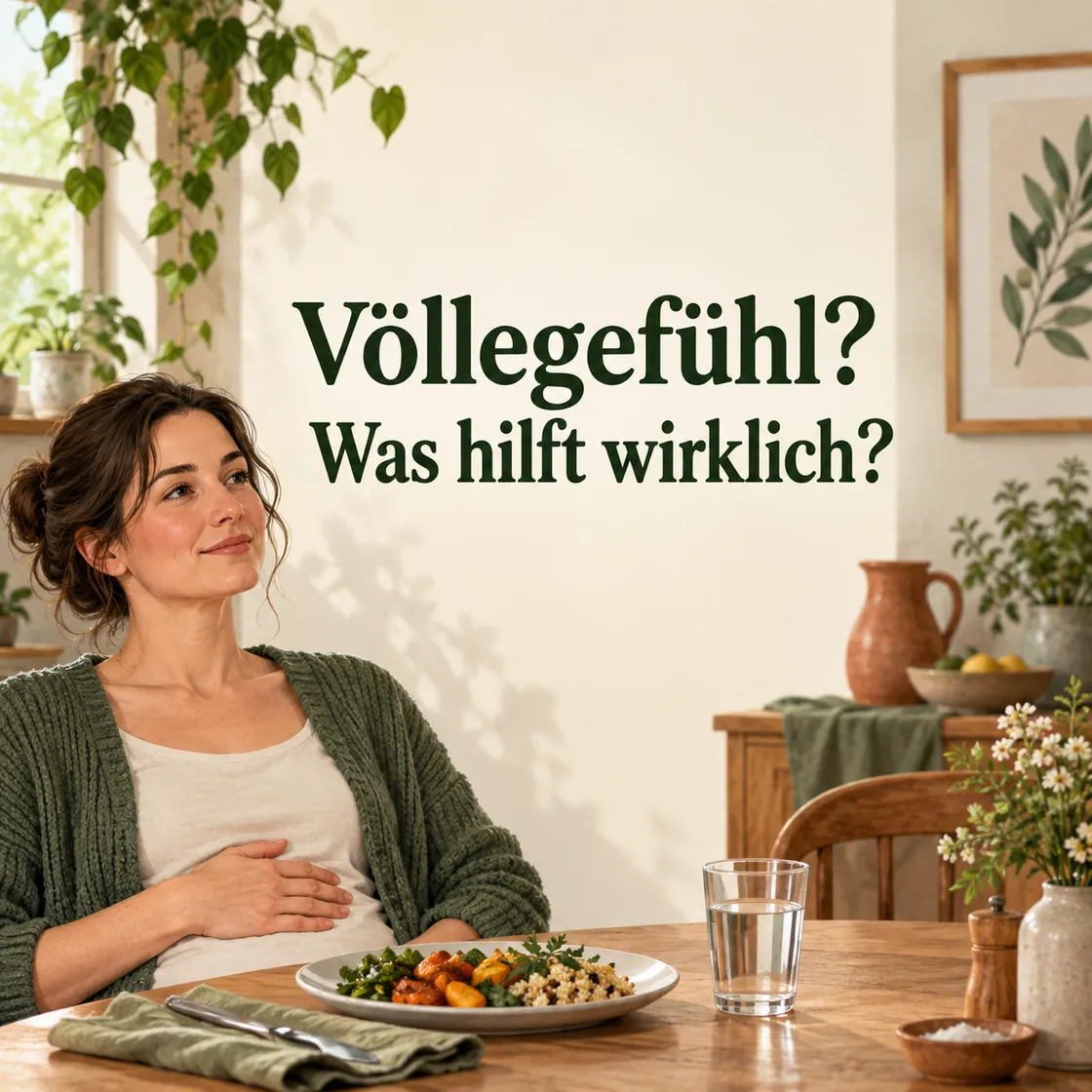 Völlegefühl Hausmittel – eine Frau sitzt nach einer Mahlzeit mit leichtem Druck im Oberbauch am Tisch.