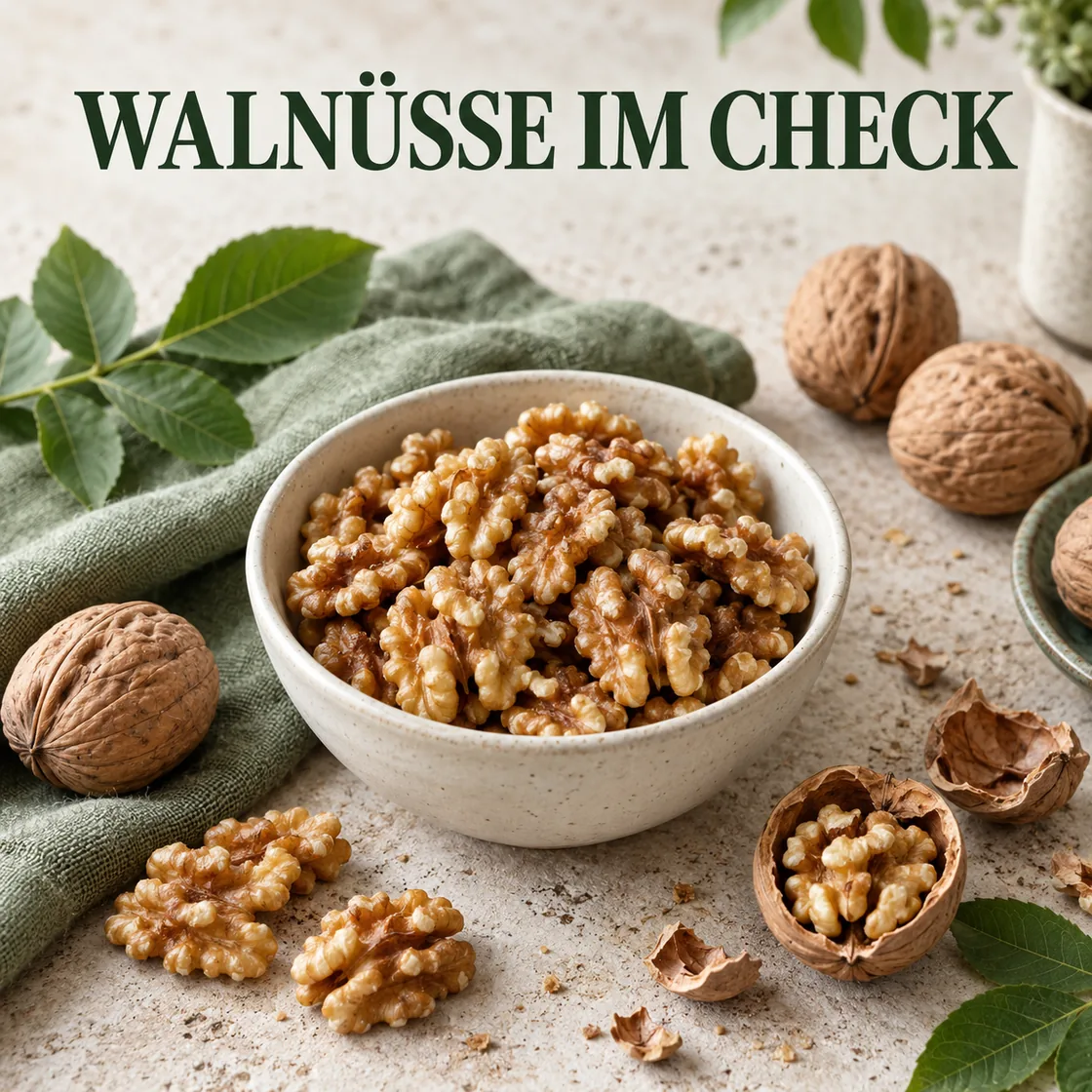 Walnuss gesund: Schale mit Kernen und dem Titel Walnüsse im Check