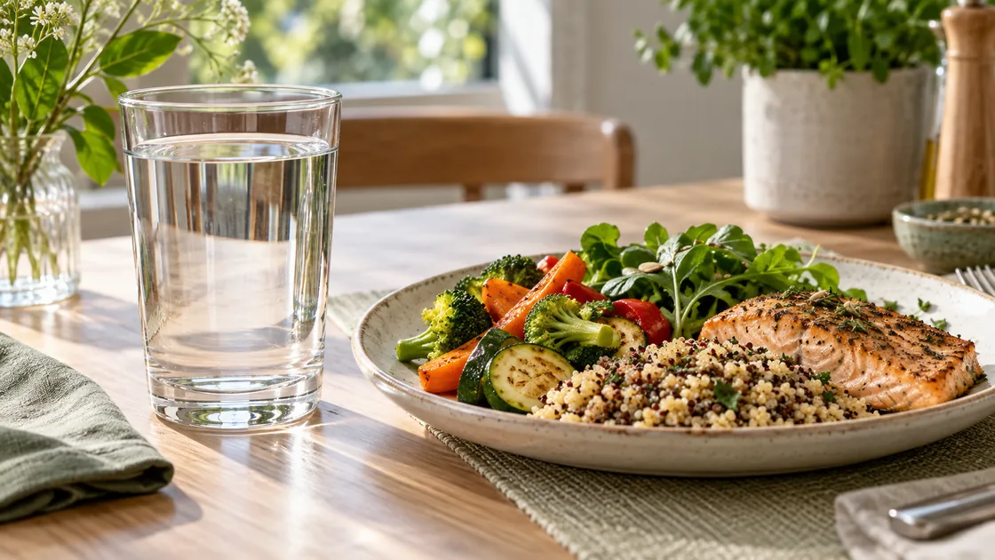 wasser trinken abnehmen – Wasserglas vor einer ausgewogenen Mahlzeit