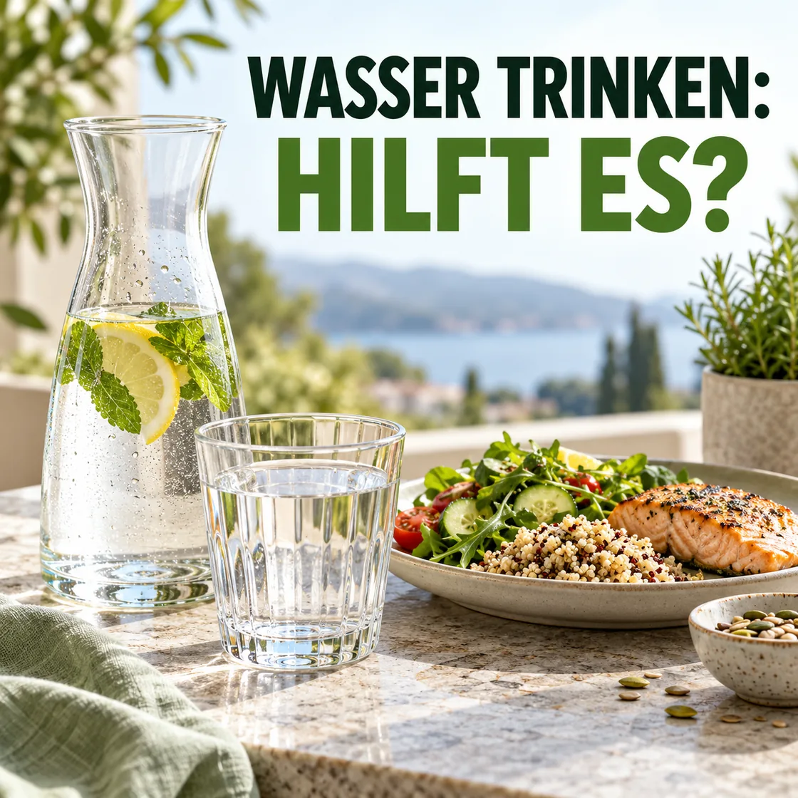 wasser trinken abnehmen – Wasserglas, Karaffe, ausgewogene Mahlzeit und gut lesbarer Schriftzug WASSER TRINKEN: HILFT ES?