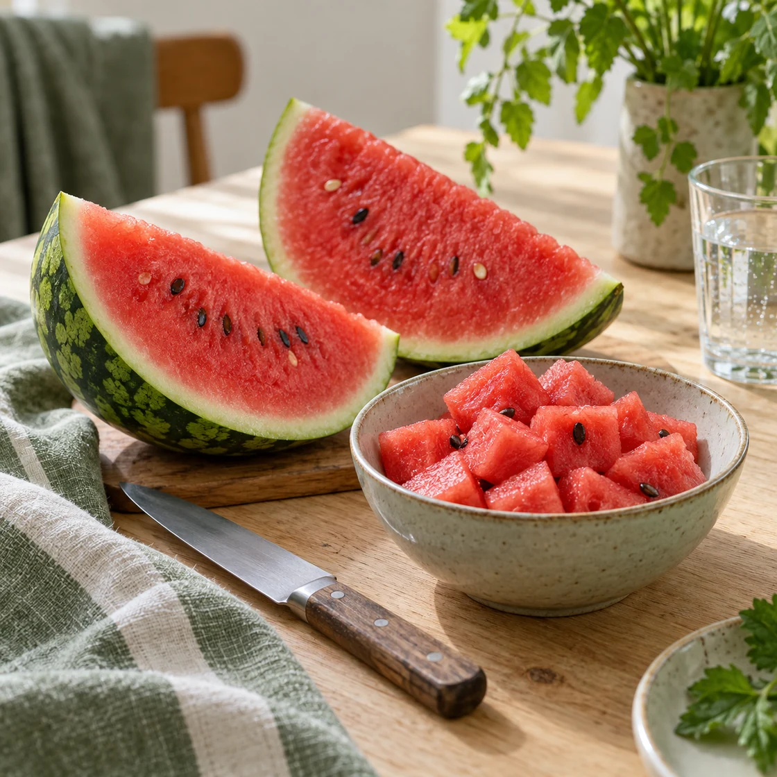 wassermelonen diät – geschnittene Wassermelone auf einem Esstisch