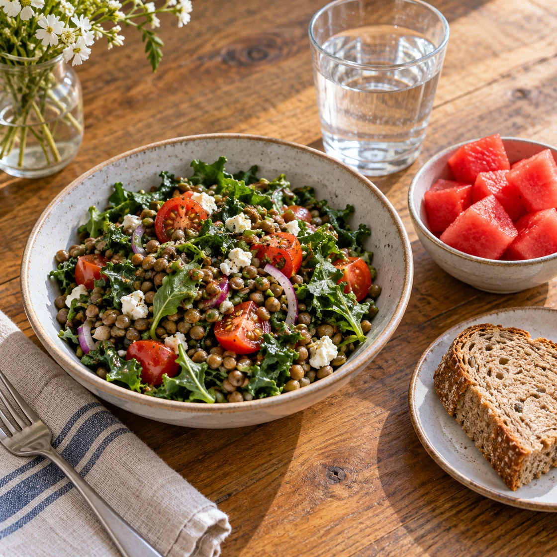 wassermelonen diät – Linsensalat mit Gemüse, Vollkornbrot und Melone als Beilage