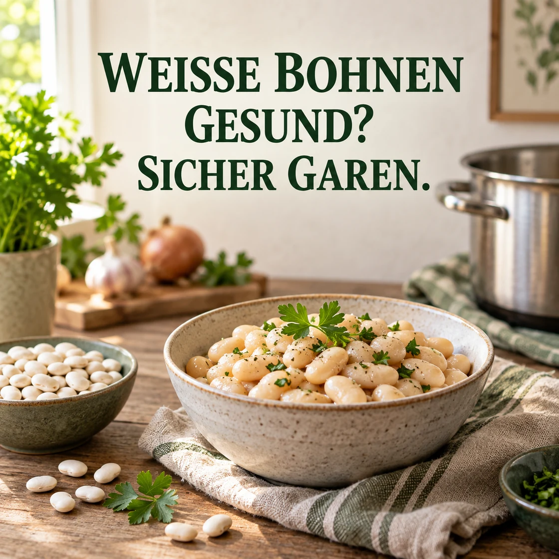 weiße bohnen gesund: gegarte weiße Bohnen mit dem Schriftzug SICHER GAREN.