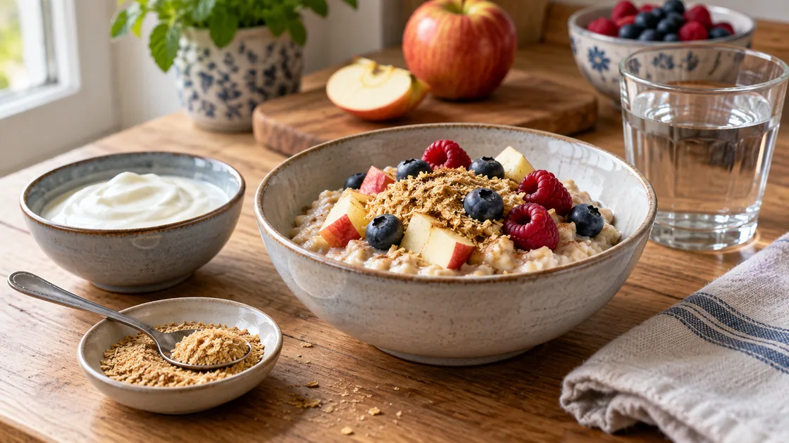 weizenkeime gesund – Porridge mit Apfel und Beeren neben kleiner Weizenkeimportion