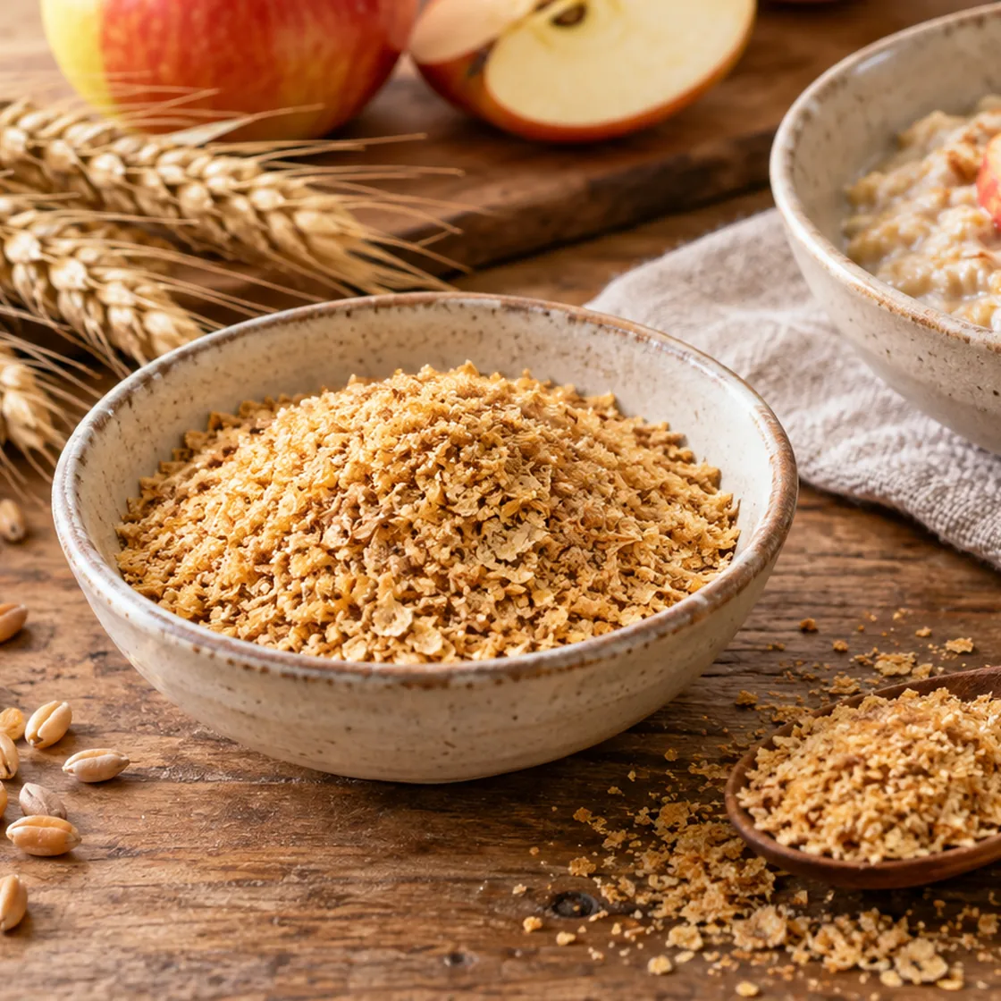 weizenkeime gesund – Schale mit Weizenkeimen, Weizenkörnern, Ähren, Apfel und Porridge
