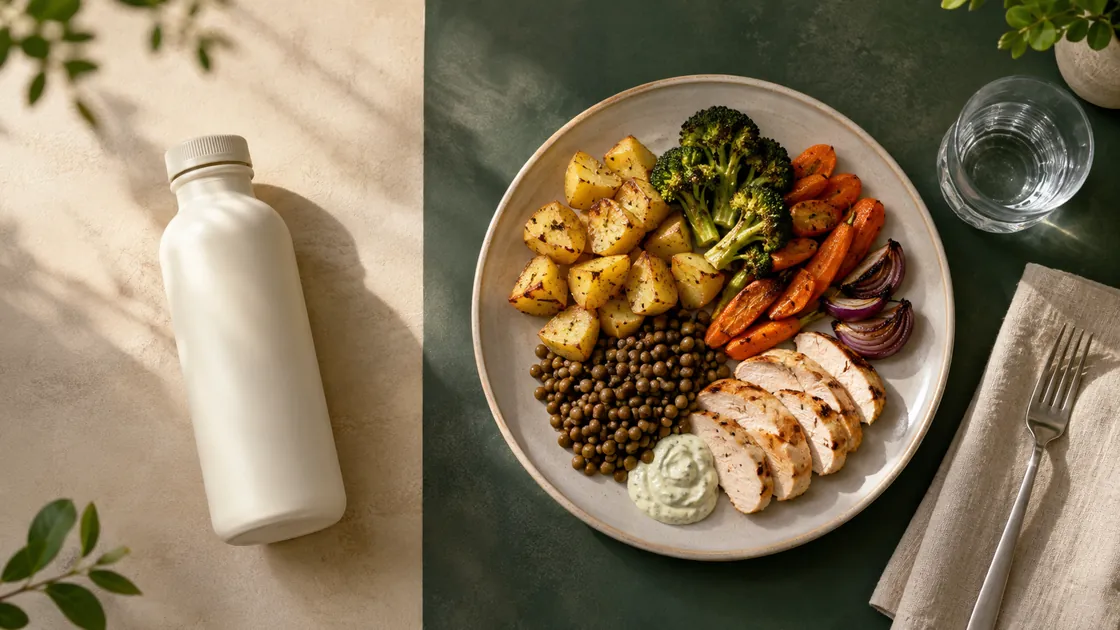 YFood abnehmen – unmarkierte Flasche neben einer festen Mahlzeit mit Gemüse, Kartoffeln und Linsen.