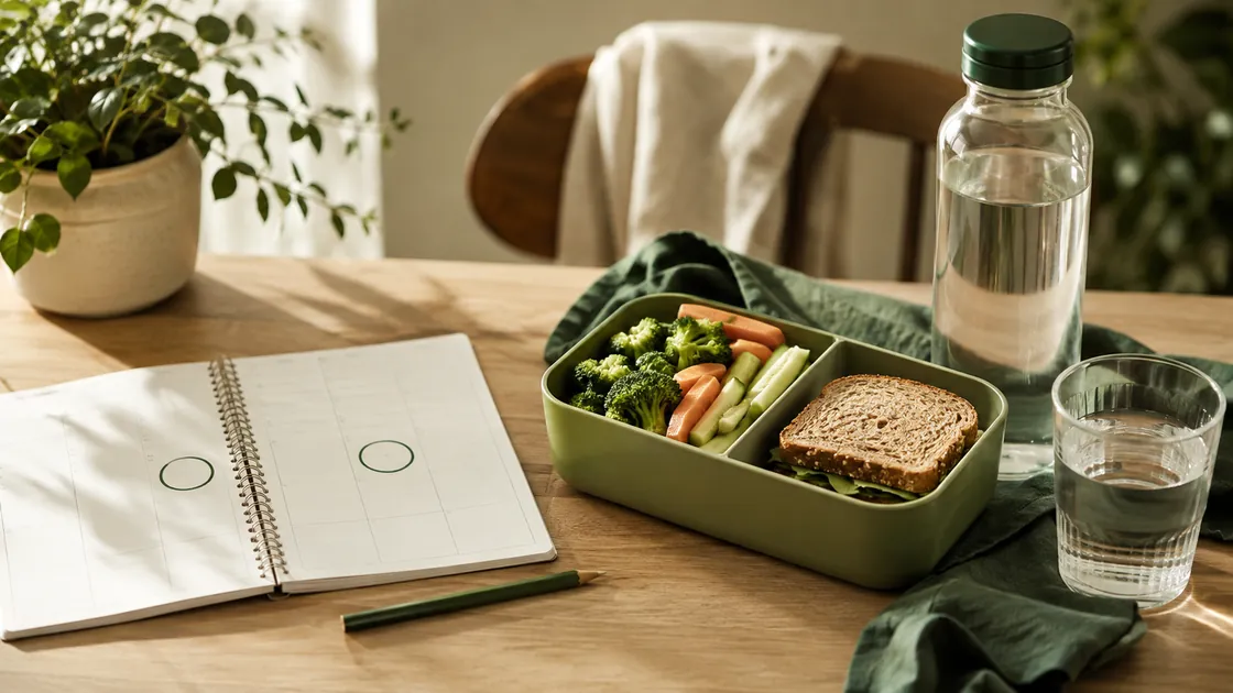 YFood abnehmen – Wochenplan, Lunchbox, Wasser und eine unmarkierte Flasche für geplante Arbeitstage.