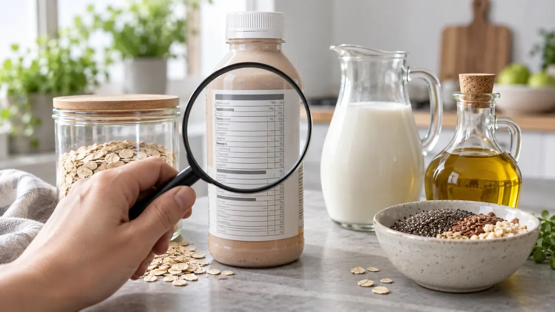 YFood gesund – Nährwertetikett einer unmarkierten Trinkmahlzeit unter einer Lupe mit Hafer, Milch, Öl und Samen.