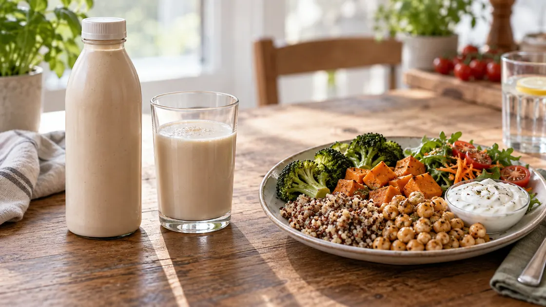 YFood gesund – unmarkierte Trinkmahlzeit im neutralen Vergleich mit Gemüse, Hülsenfrüchten, Getreide und Joghurt.