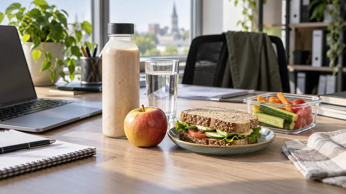 YFood gesund – unmarkierte Trinkmahlzeit am Arbeitsplatz neben Wasser, Apfel, Vollkornbrot und Gemüse.
